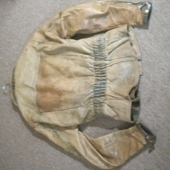 CMM VINTAGE DISTRESSED BELTED 100% LEATHER JACKET LARGE BROWN/TAN - Picture 6 of 13